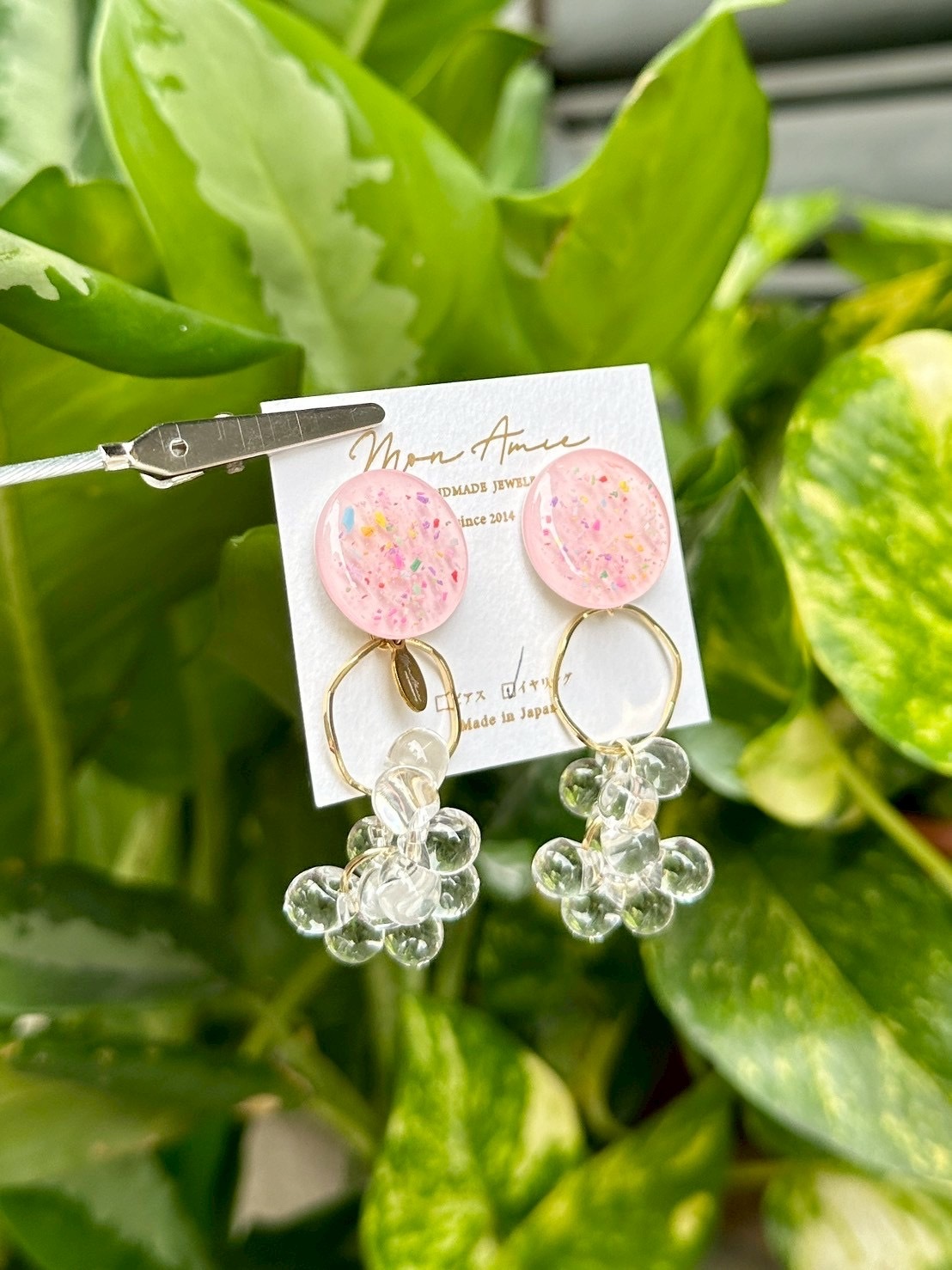[Mon Amie] 2way 繽紛圓環水珠掛墜耳環 | 粉色 | NO.3 | 耳夾