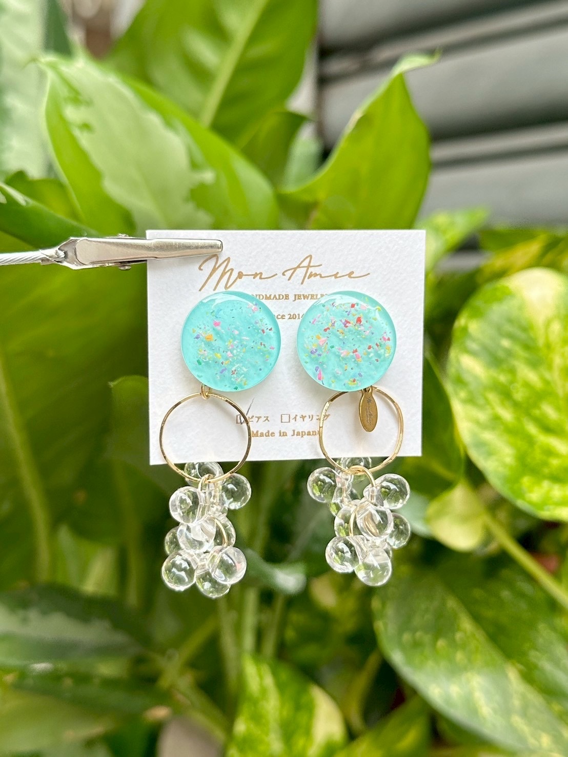 [Mon Amie] 2way 繽紛圓環水珠掛墜耳環 | 藍色 | NO.4 | 耳針