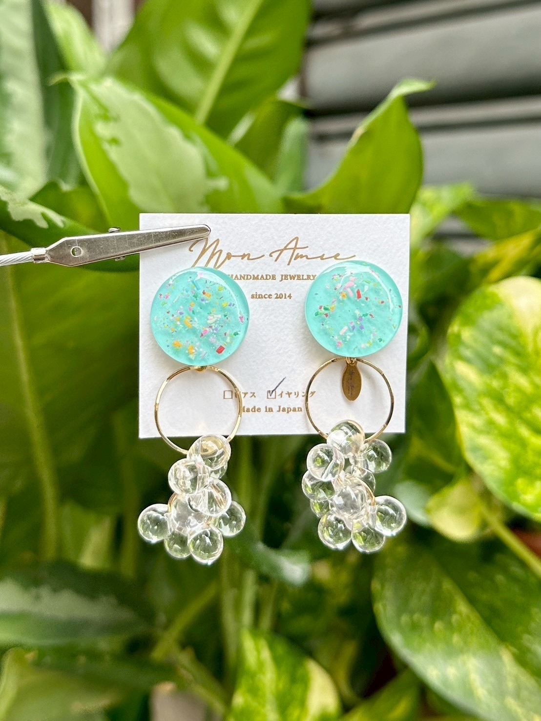 [Mon Amie] 2way 繽紛圓環水珠掛墜耳環 | 藍色 | NO.4 | 耳夾