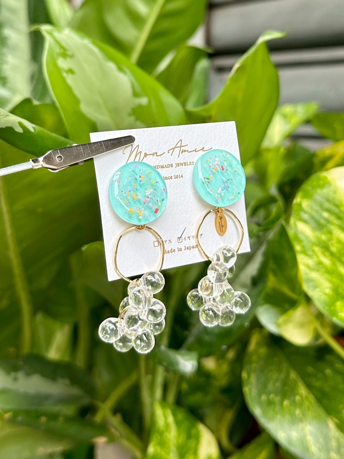 [Mon Amie] 2way 繽紛圓環水珠掛墜耳環 | 藍色 | NO.4 | 耳夾