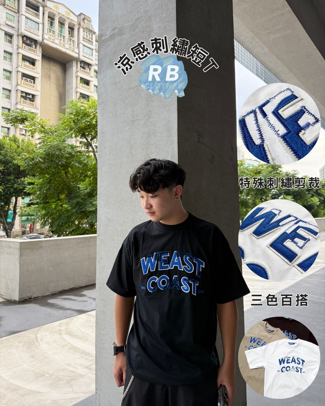 『RB』涼感!!WEAST COAST接縫線造型貼布短T