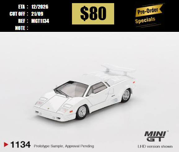 PO-$80 * MINI GT * 1:64 1134 Lamborghini Countach 25th Anniversary White RHD [OD08/09]