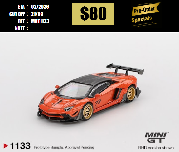 PO-$80 * MINI GT * 1:64 1133 LB★WORKS Lamborghini Aventador Limited Edition Orange MDX 2025 RHD [OD08/09]