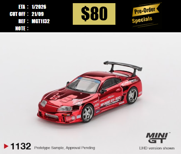 PO-$80 * MINI GT * 1:64 1132 Toyota Supra (A80) Top Secret GT-300 Top Secret Red Chrome RHD [OD08/09]