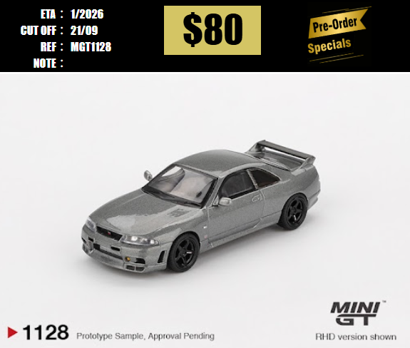 PO-$80 * MINI GT * 1:64 1128 NISSAN Skyline GT-R Dark Metal Gray (NISMO BCNR33 CRS Version) RHD [OD08/09]