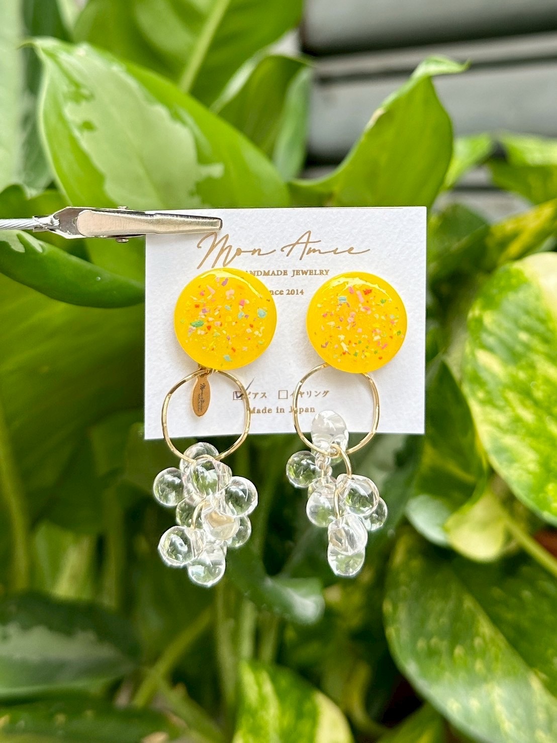 [Mon Amie] 2way 繽紛圓環水珠掛墜耳環 | 黃色 | NO.5 | 耳針