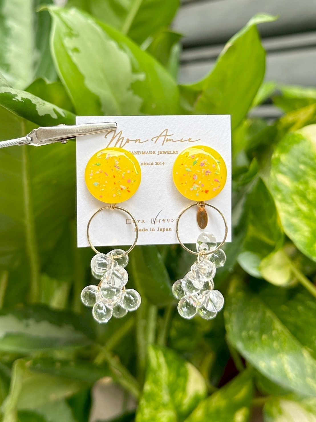 [Mon Amie] 2way 繽紛圓環水珠掛墜耳環 | 黃色 | NO.5 | 耳夾