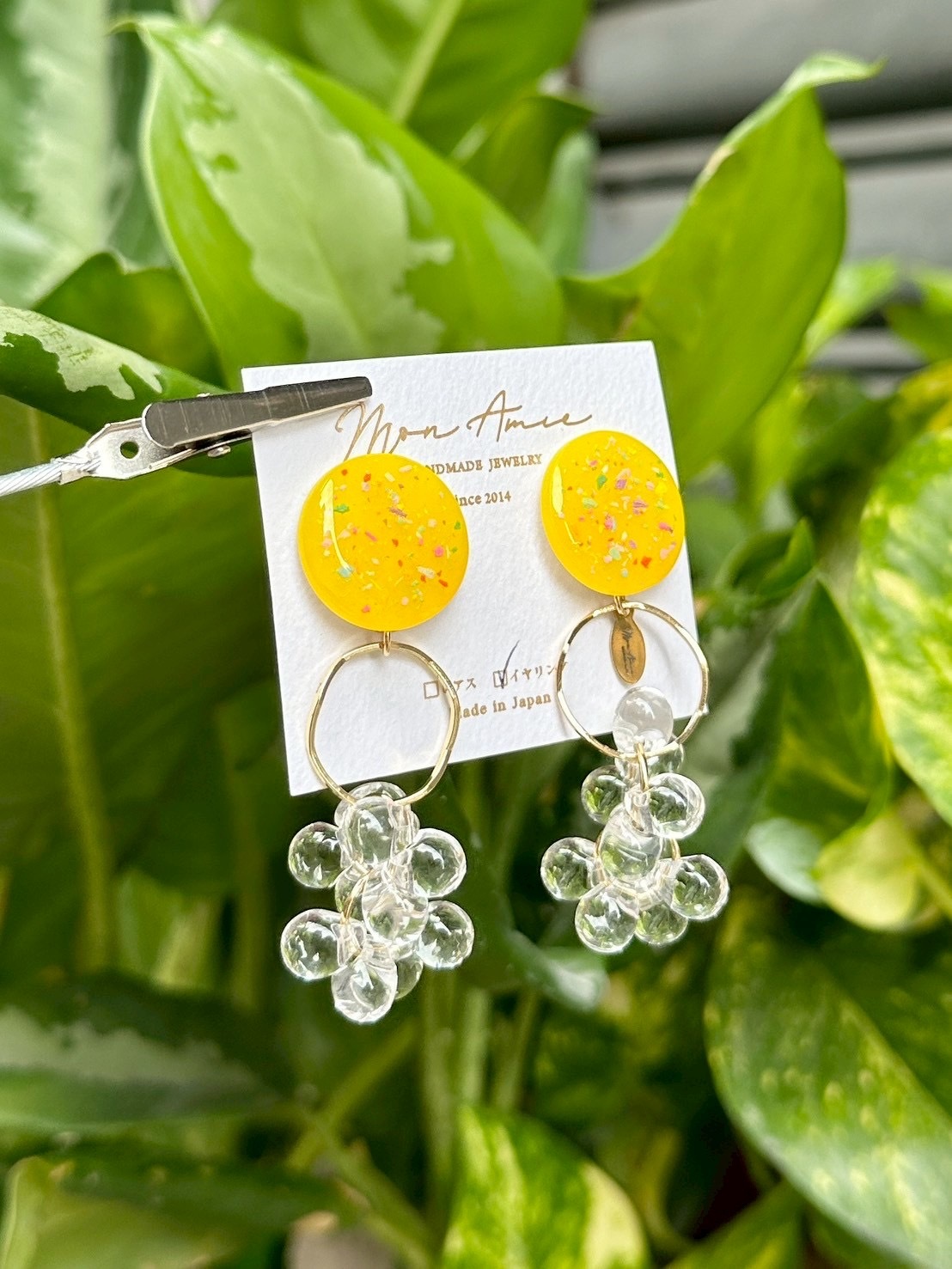 [Mon Amie] 2way 繽紛圓環水珠掛墜耳環 | 黃色 | NO.5 | 耳夾