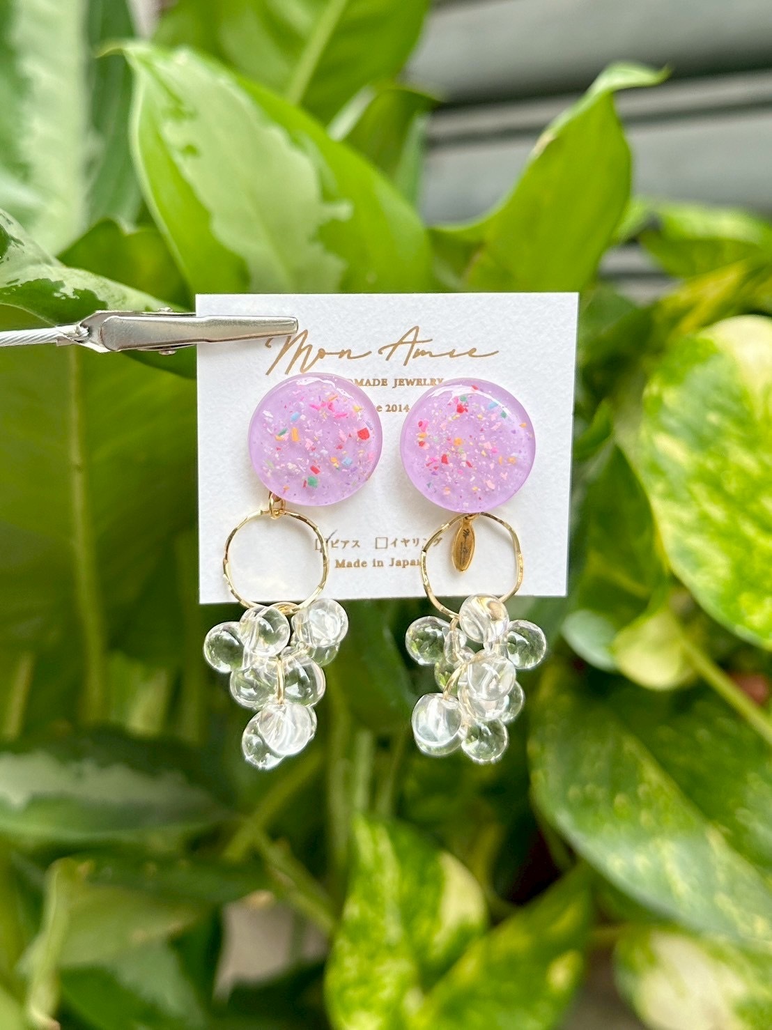 [Mon Amie] 2way 繽紛圓環水珠掛墜耳環 | 紫色 | NO.6 | 耳針