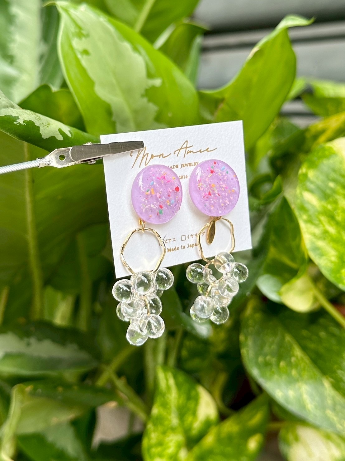[Mon Amie] 2way 繽紛圓環水珠掛墜耳環 | 紫色 | NO.6 | 耳針