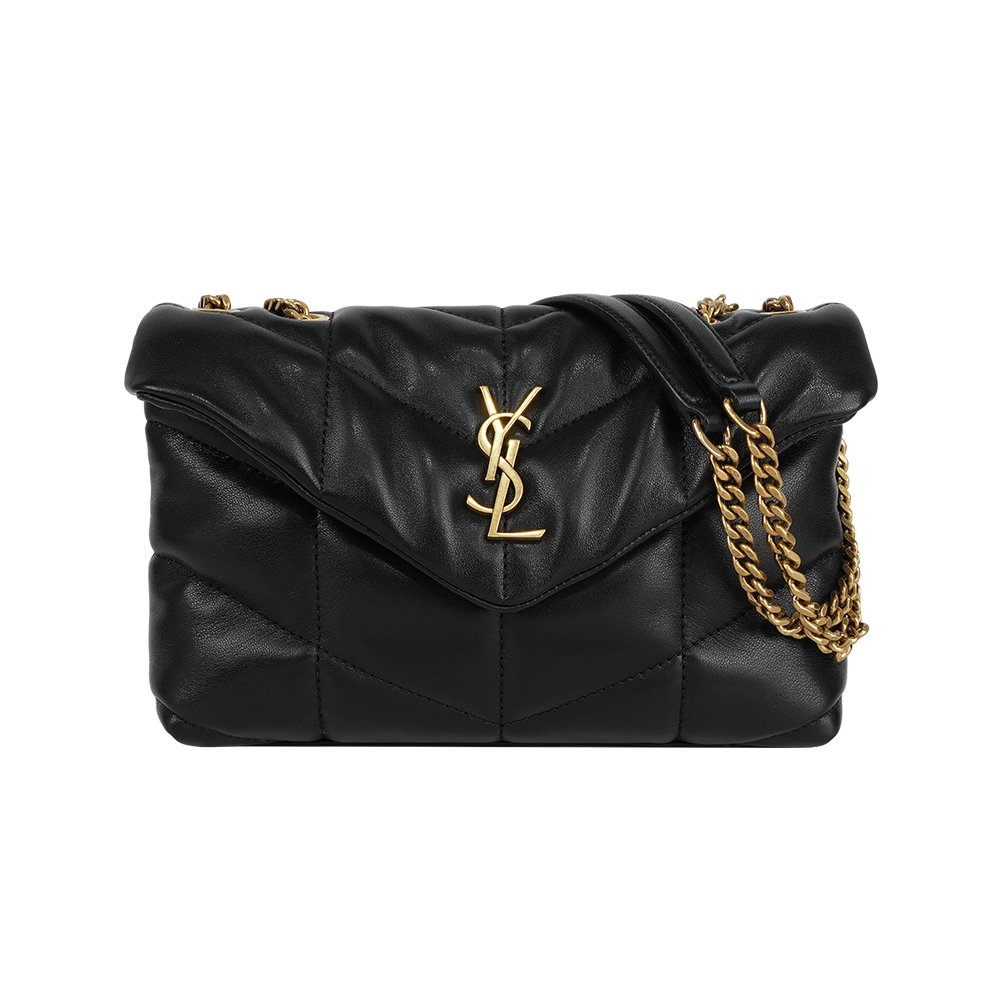 【Yves Saint Laurent】Puffer Toy 金字縫線小羊皮迷你翻蓋鍊包(黑色)