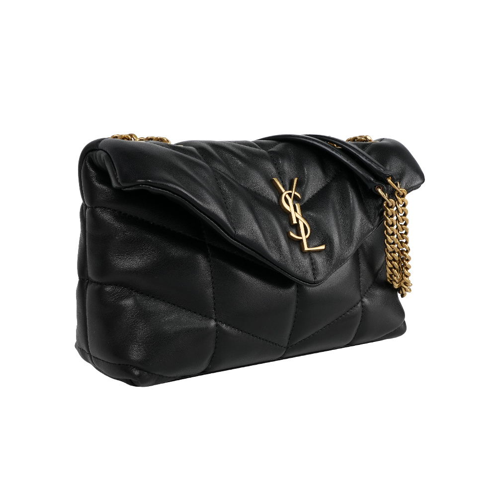 【Yves Saint Laurent】Puffer Toy 金字縫線小羊皮迷你翻蓋鍊包(黑色)