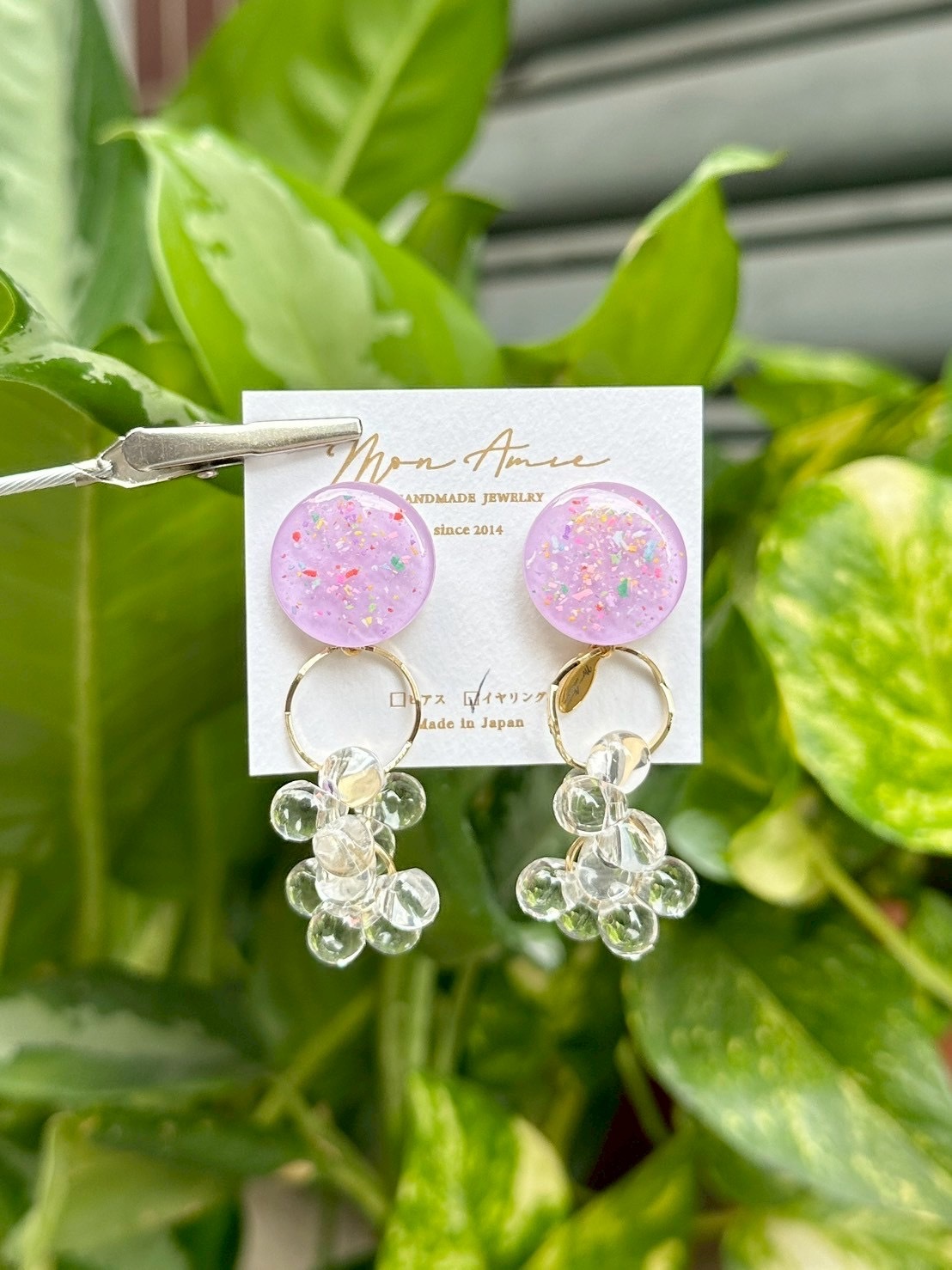 [Mon Amie] 2way 繽紛圓環水珠掛墜耳環 | 紫色 | NO.6 | 耳夾