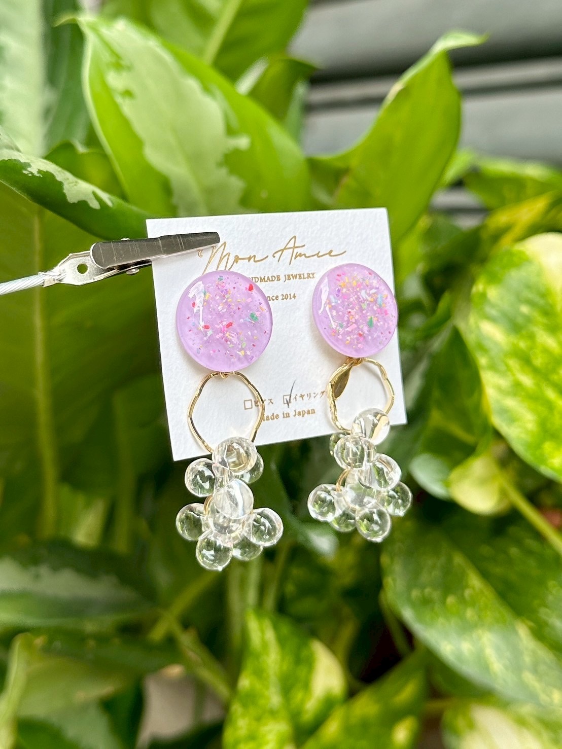 [Mon Amie] 2way 繽紛圓環水珠掛墜耳環 | 紫色 | NO.6 | 耳夾