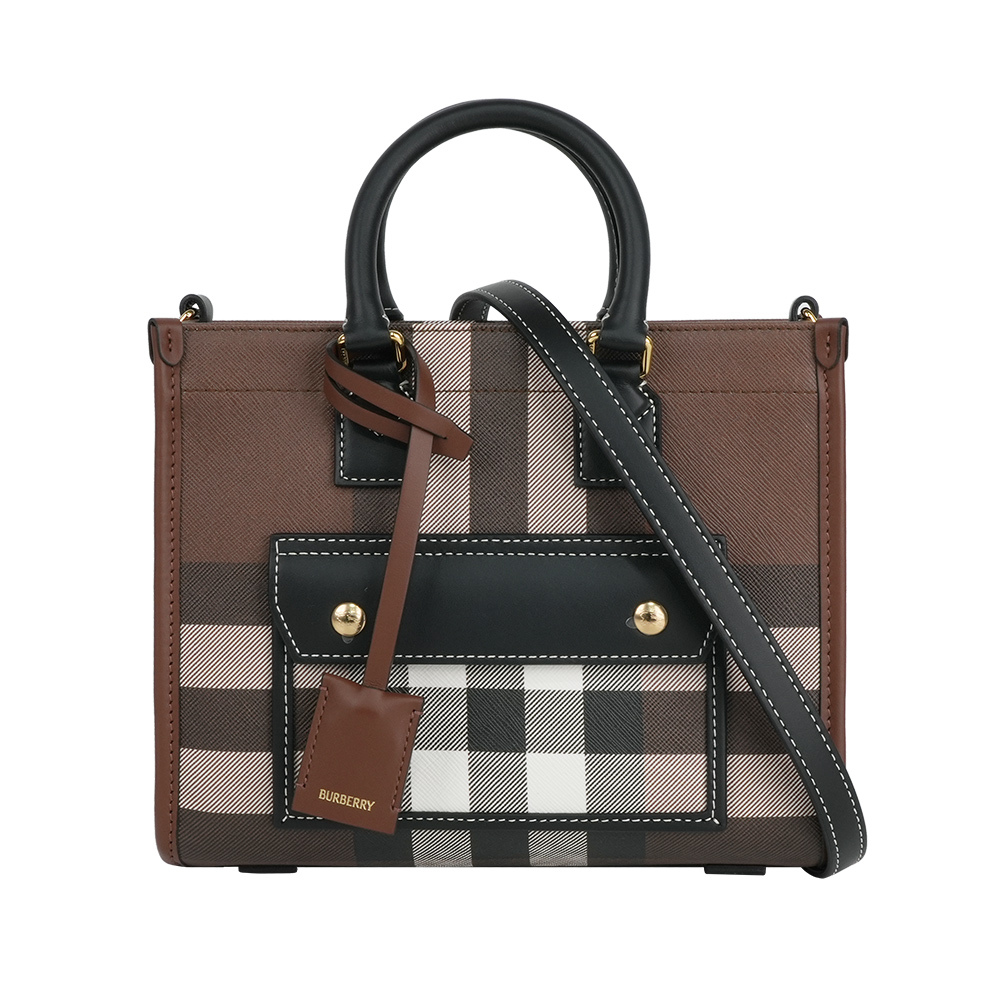 【Burberry】Freya 格紋帆布拼皮革迷你二用托特包(暗樺木棕色)