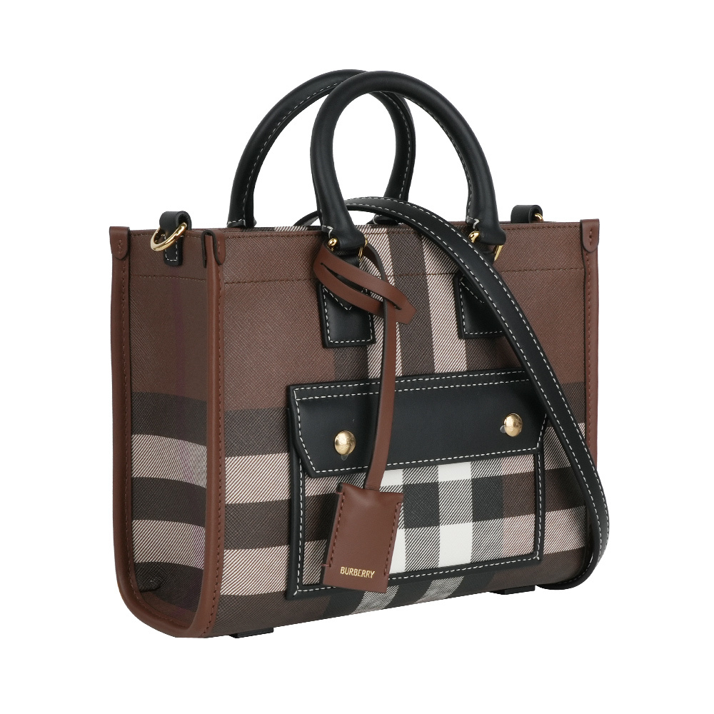 【Burberry】Freya 格紋帆布拼皮革迷你二用托特包(暗樺木棕色)