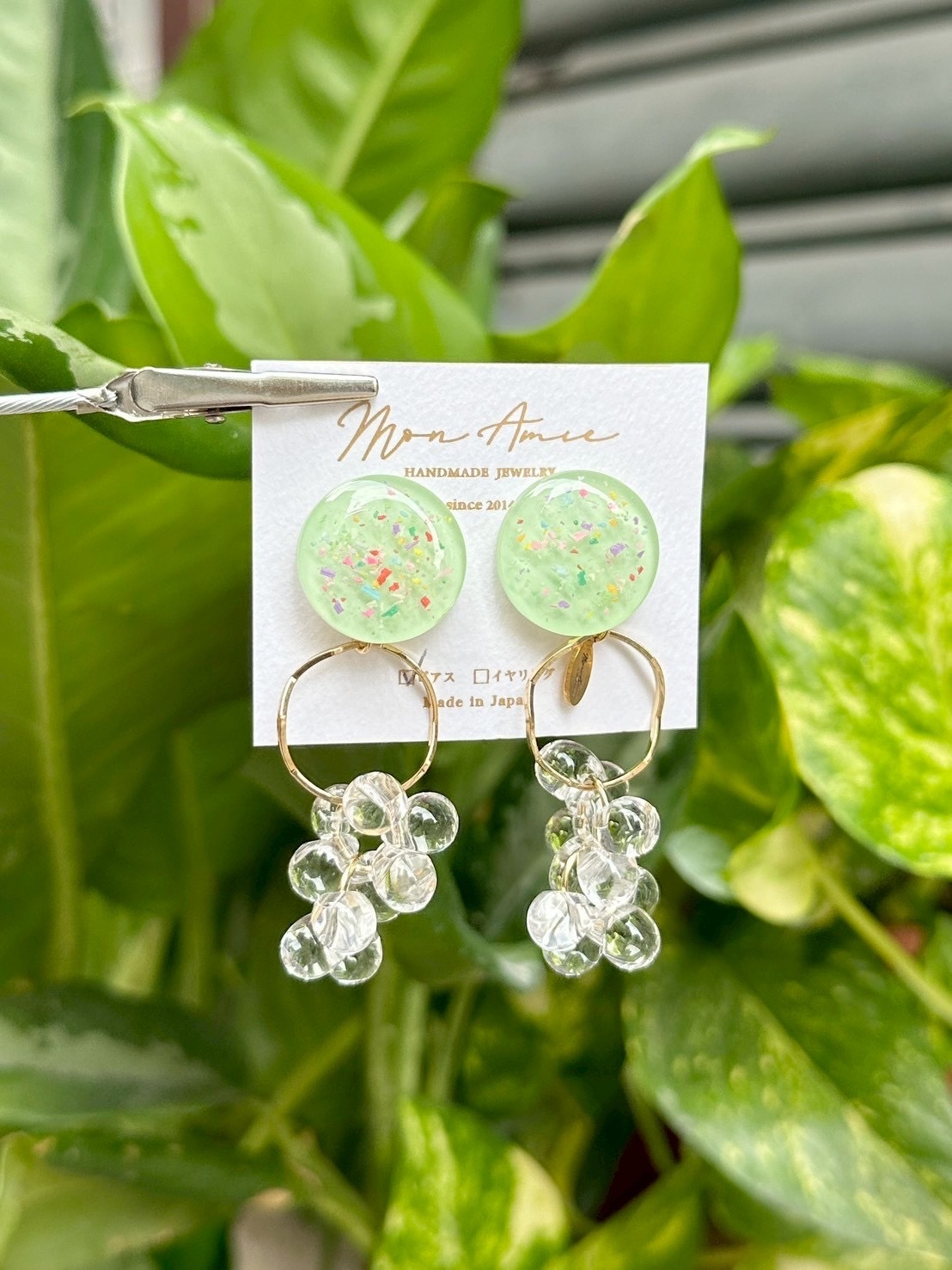 [Mon Amie] 2way 繽紛圓環水珠掛墜耳環 | 綠色 | NO.7 | 耳針