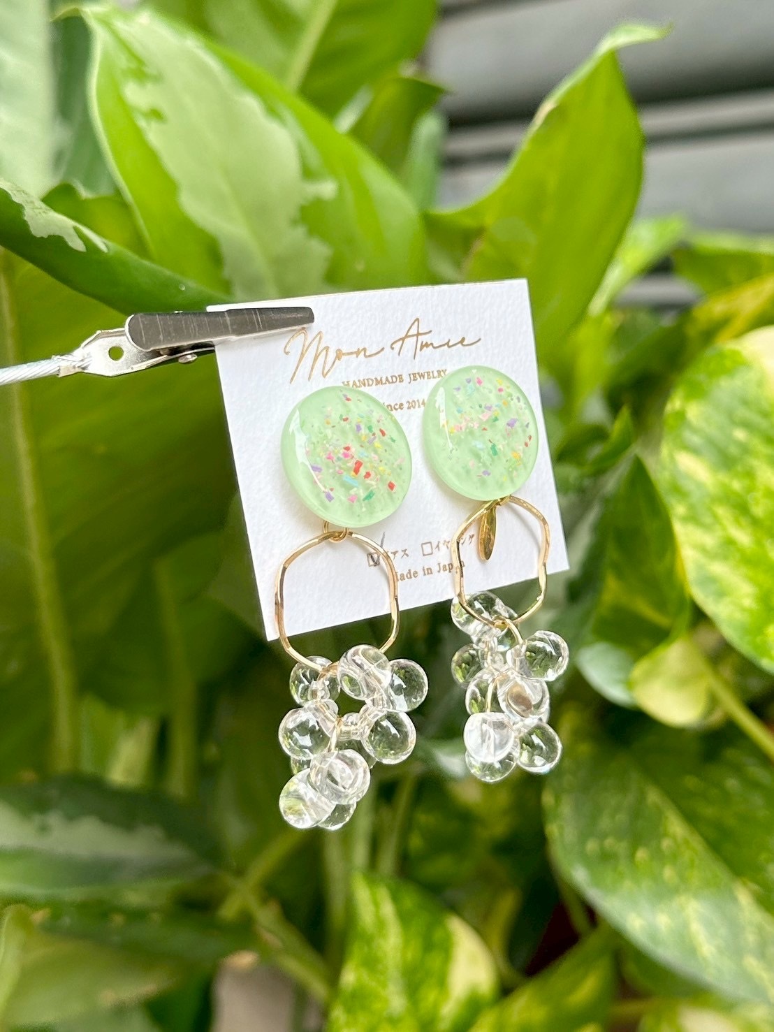 [Mon Amie] 2way 繽紛圓環水珠掛墜耳環 | 綠色 | NO.7 | 耳針