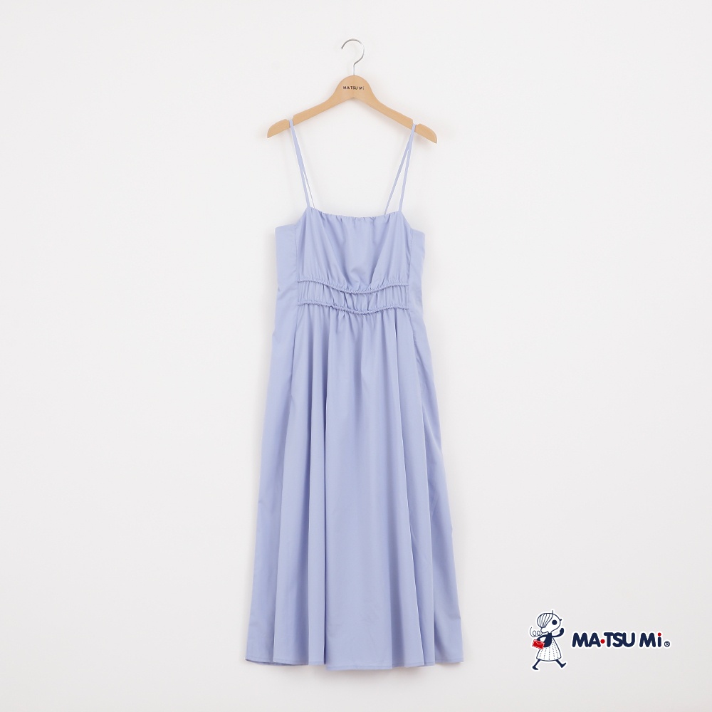 MA‧TSU Mi 鬆緊抽皺感收腰後綁帶吊帶洋裝(水藍.黑)