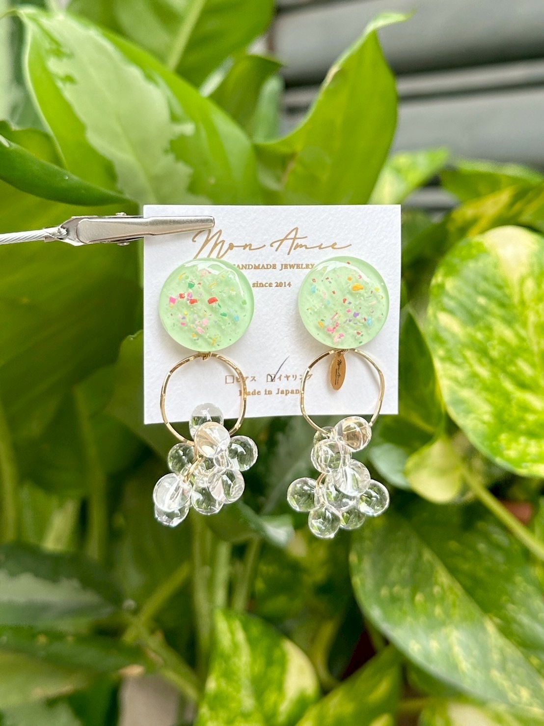 [Mon Amie] 2way 繽紛圓環水珠掛墜耳環 | 綠色 | NO.7 | 耳夾