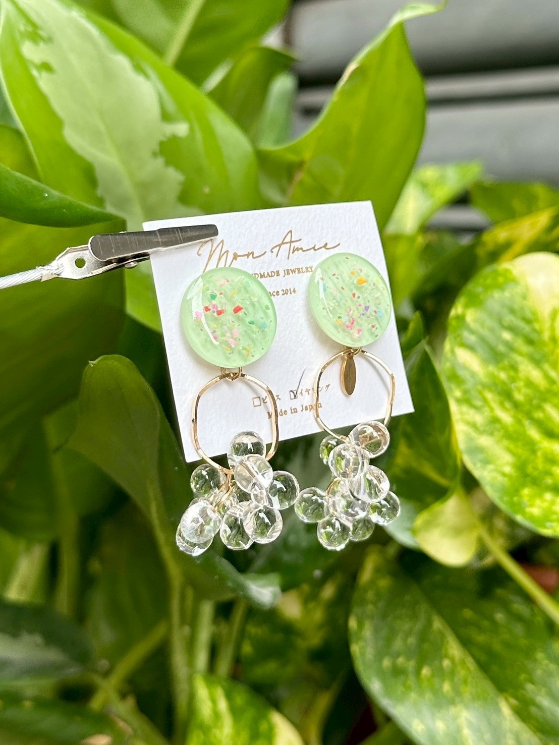 [Mon Amie] 2way 繽紛圓環水珠掛墜耳環 | 綠色 | NO.7 | 耳夾