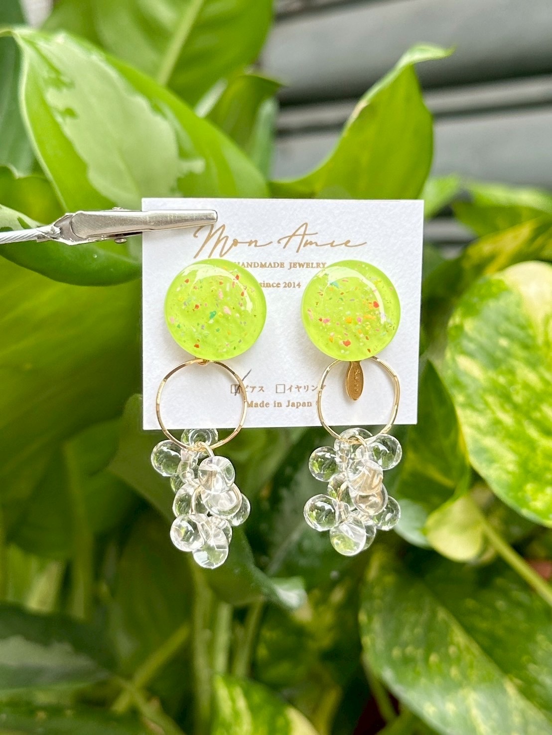 [Mon Amie] 2way 繽紛圓環水珠掛墜耳環 | 黃綠色 | NO.8 | 耳針