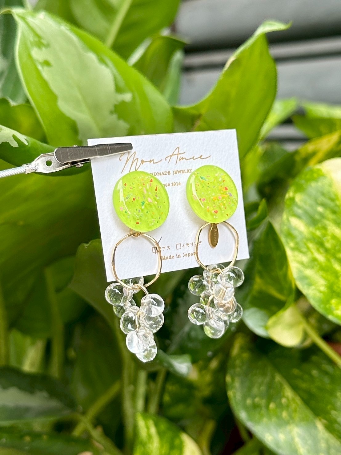[Mon Amie] 2way 繽紛圓環水珠掛墜耳環 | 黃綠色 | NO.8 | 耳針