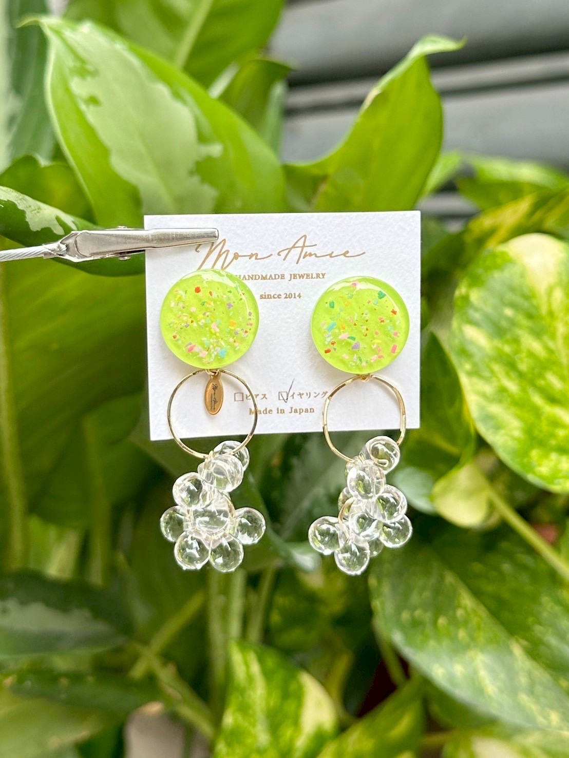 [Mon Amie] 2way 繽紛圓環水珠掛墜耳環 | 黃綠色 | NO.8 | 耳夾