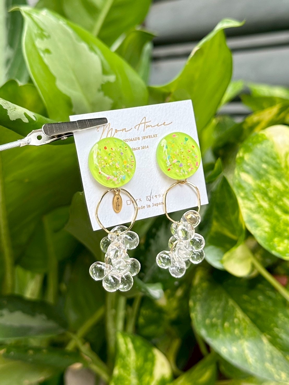 [Mon Amie] 2way 繽紛圓環水珠掛墜耳環 | 黃綠色 | NO.8 | 耳夾