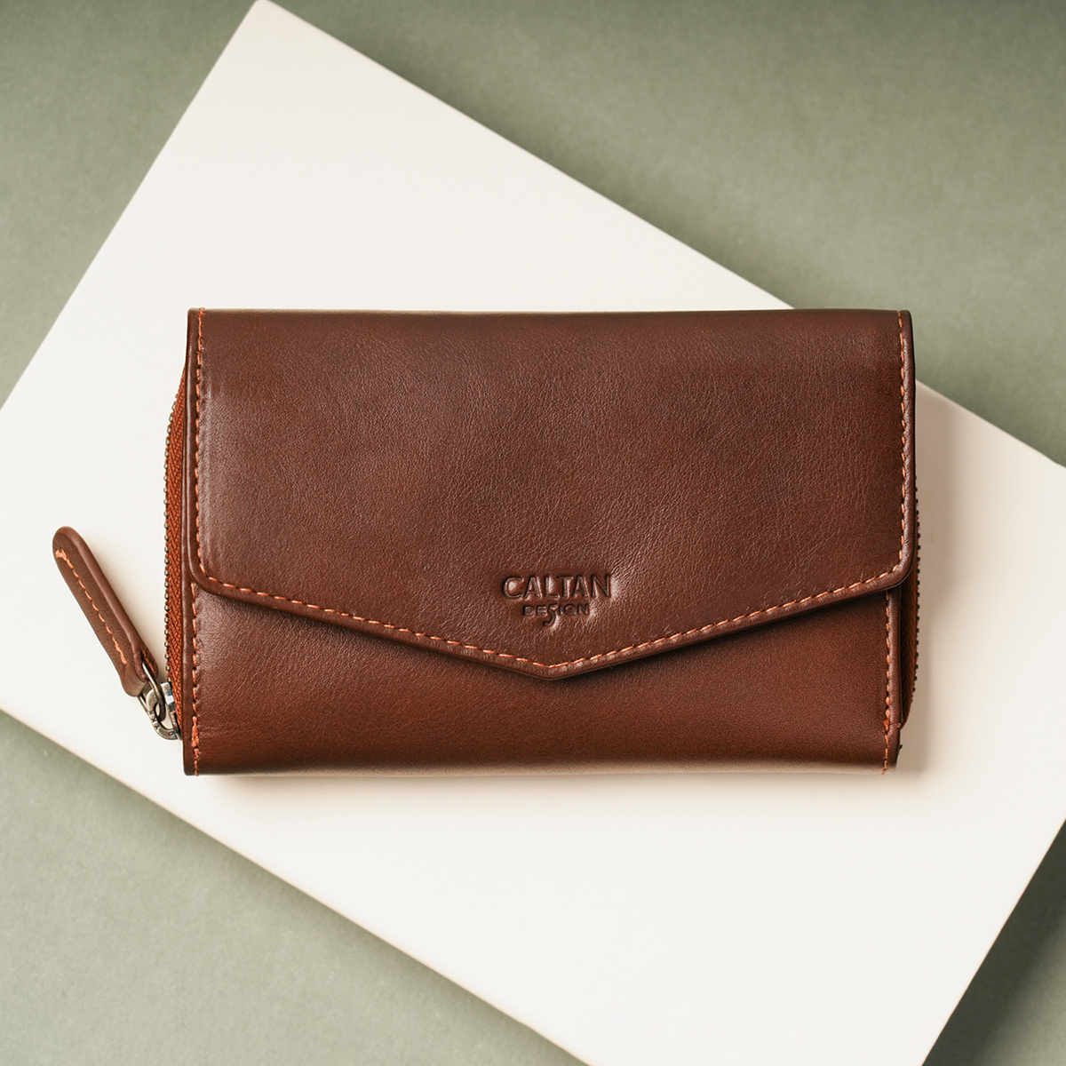 信封三折扣式真皮中長夾-兩色(075192)