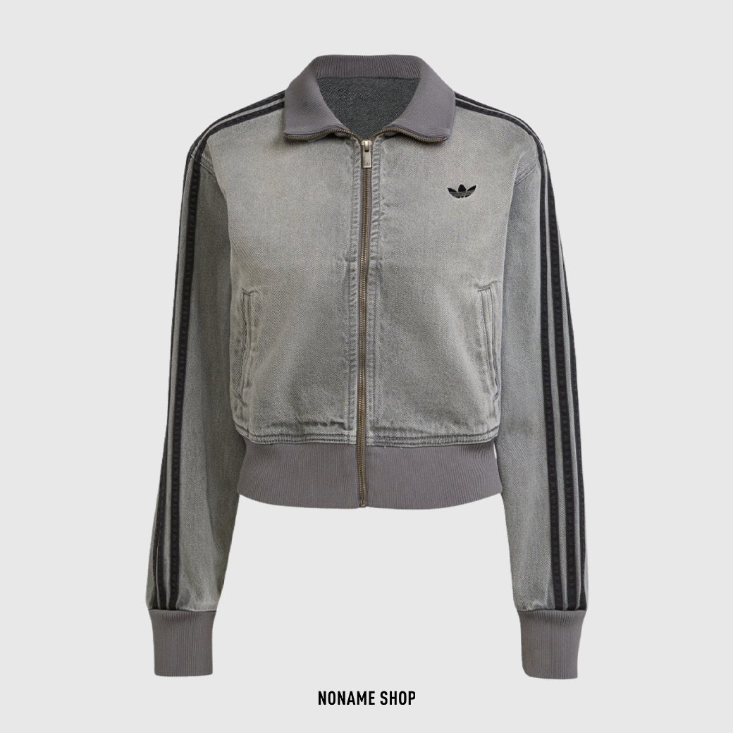 ADIDAS ADICOLOR 丹寧 牛仔 微短版 三線 立領 外套 水洗灰 (女款)
