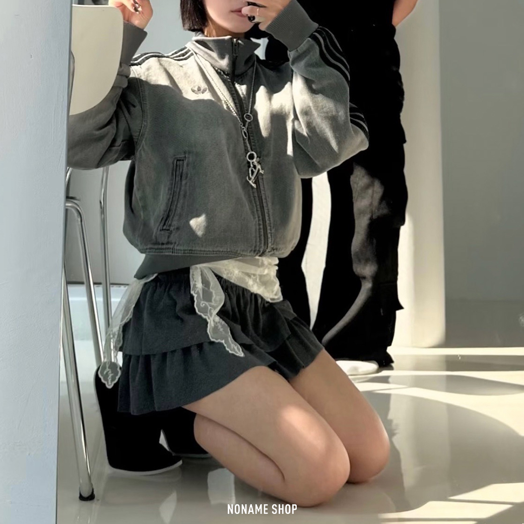 ADIDAS ADICOLOR 丹寧 牛仔 微短版 三線 立領 外套 水洗灰 (女款)