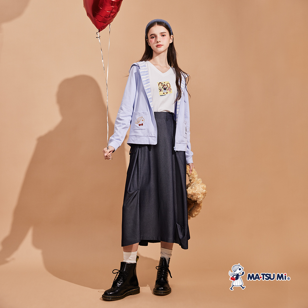 MA‧TSU Mi 垂墜柔軟不對稱皺褶口袋設計半身裙(深藍)