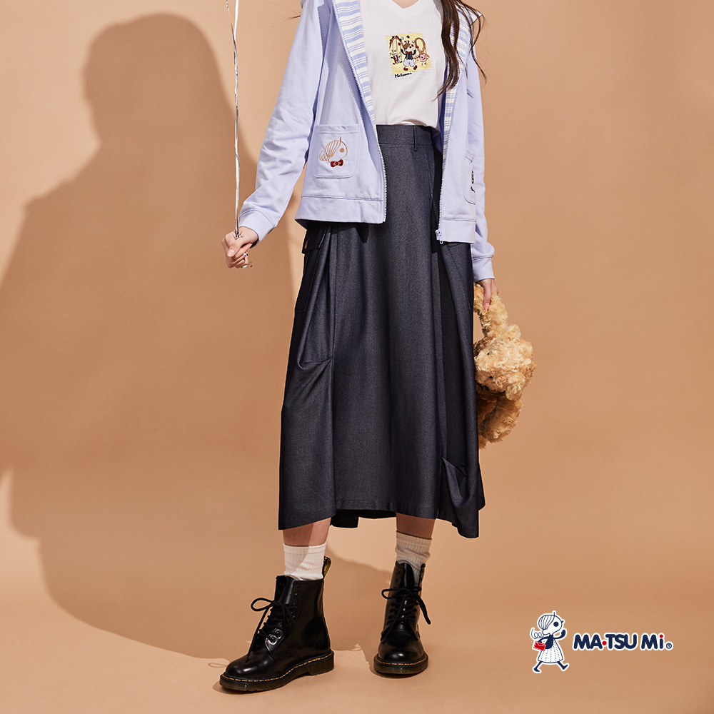 MA‧TSU Mi 垂墜柔軟不對稱皺褶口袋設計半身裙(深藍)