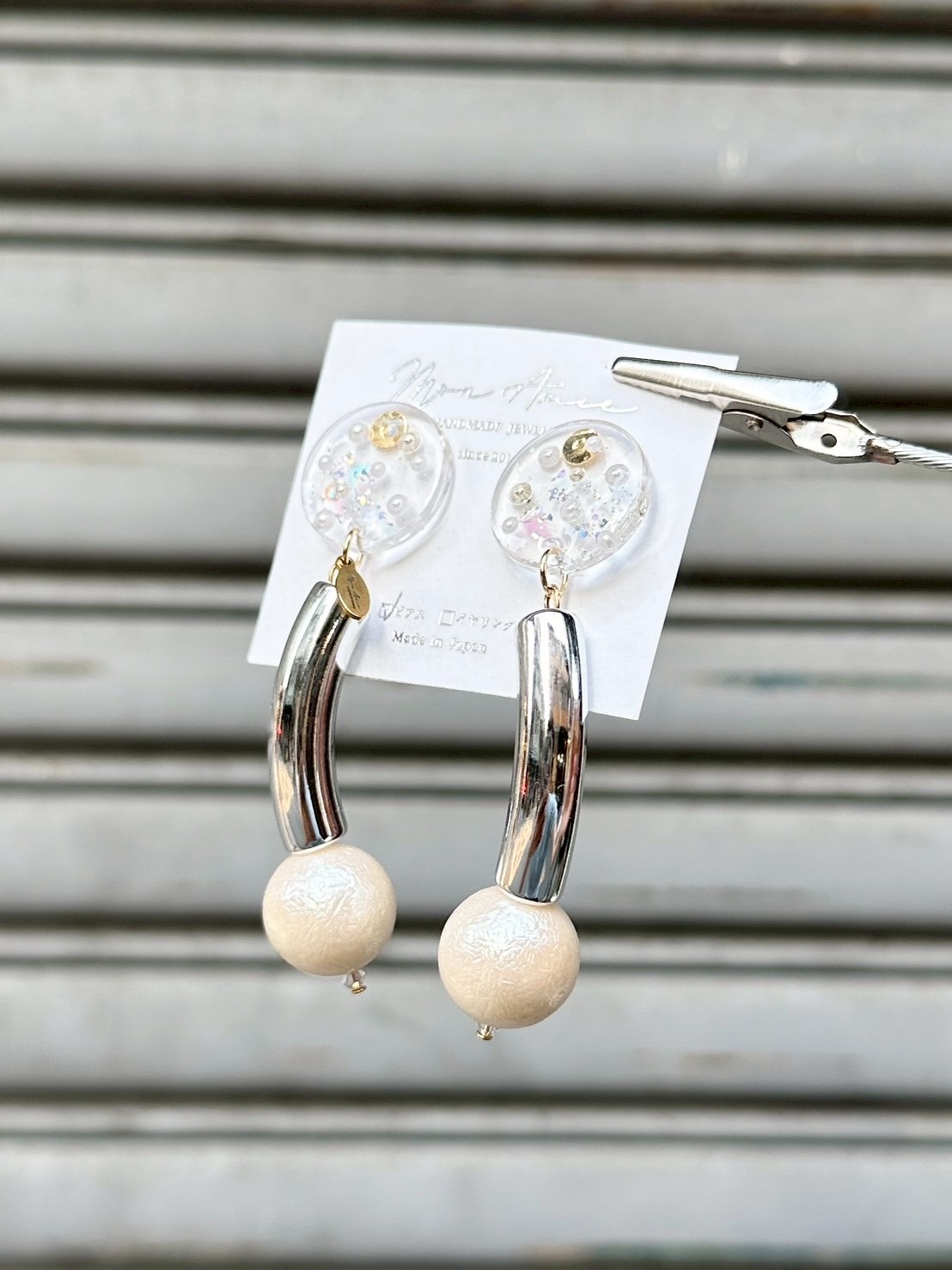 [Mon Amie] 異材質混搭耳環 | 銀色 | NO.12 | 耳針