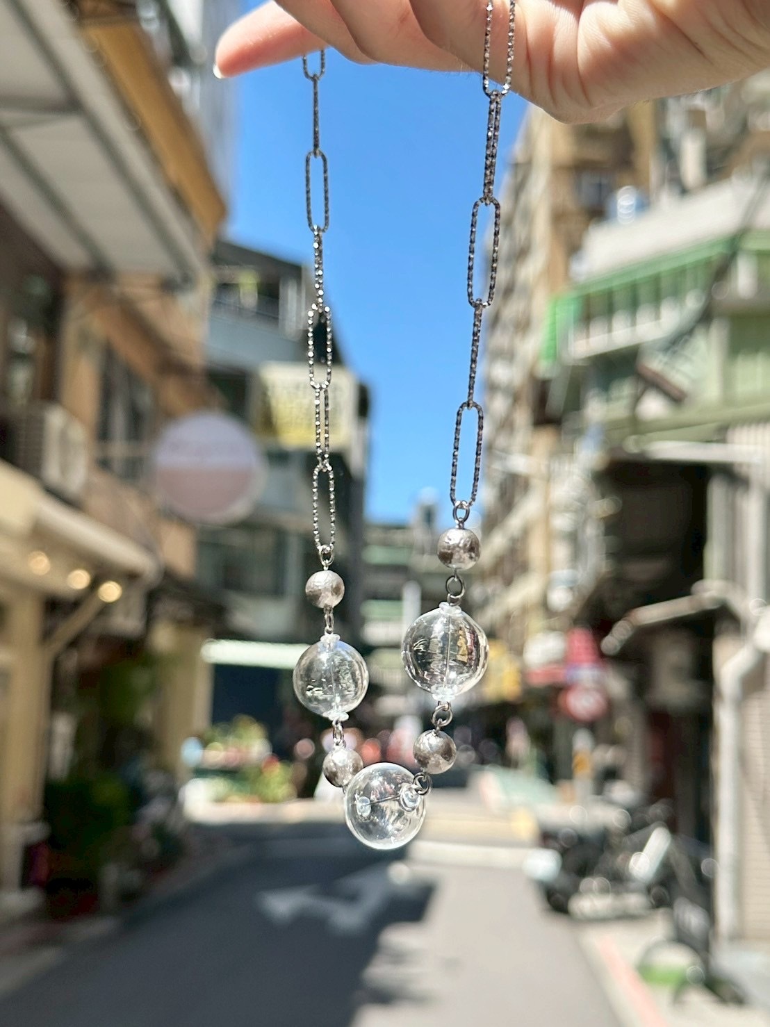 [Mon Amie] 玻璃珠珍珠鏈條項鍊 #2 | 銀色 | NO.16