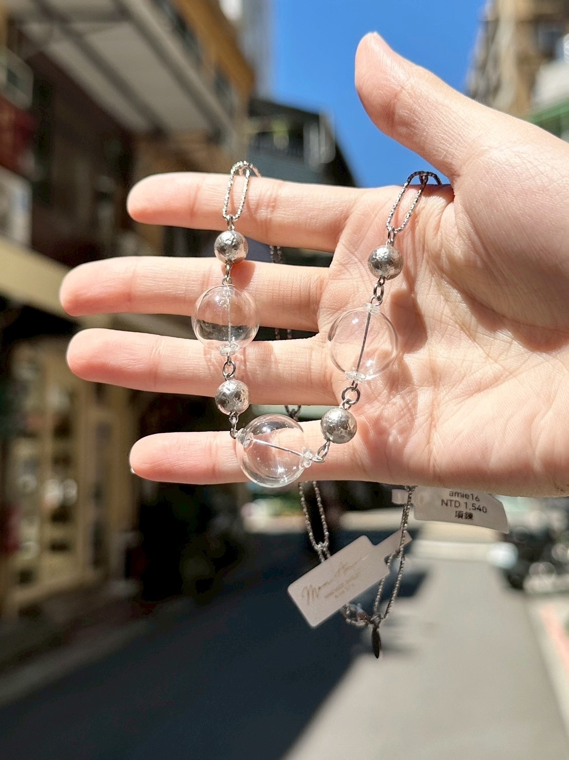 [Mon Amie] 玻璃珠珍珠鏈條項鍊 #2 | 銀色 | NO.16