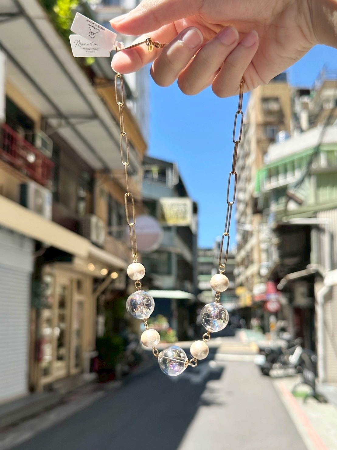 [Mon Amie] 玻璃珠珍珠鏈條項鍊 #2 | 金色 | NO.17