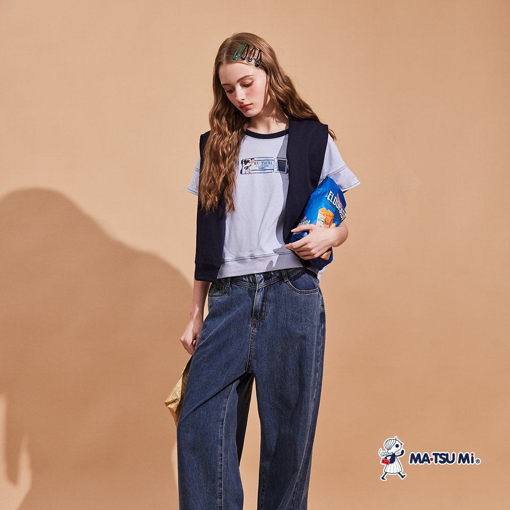 MA‧TSU Mi 破壞刷舊抽鬚設計感英文字純棉丹寧寬褲(深藍)