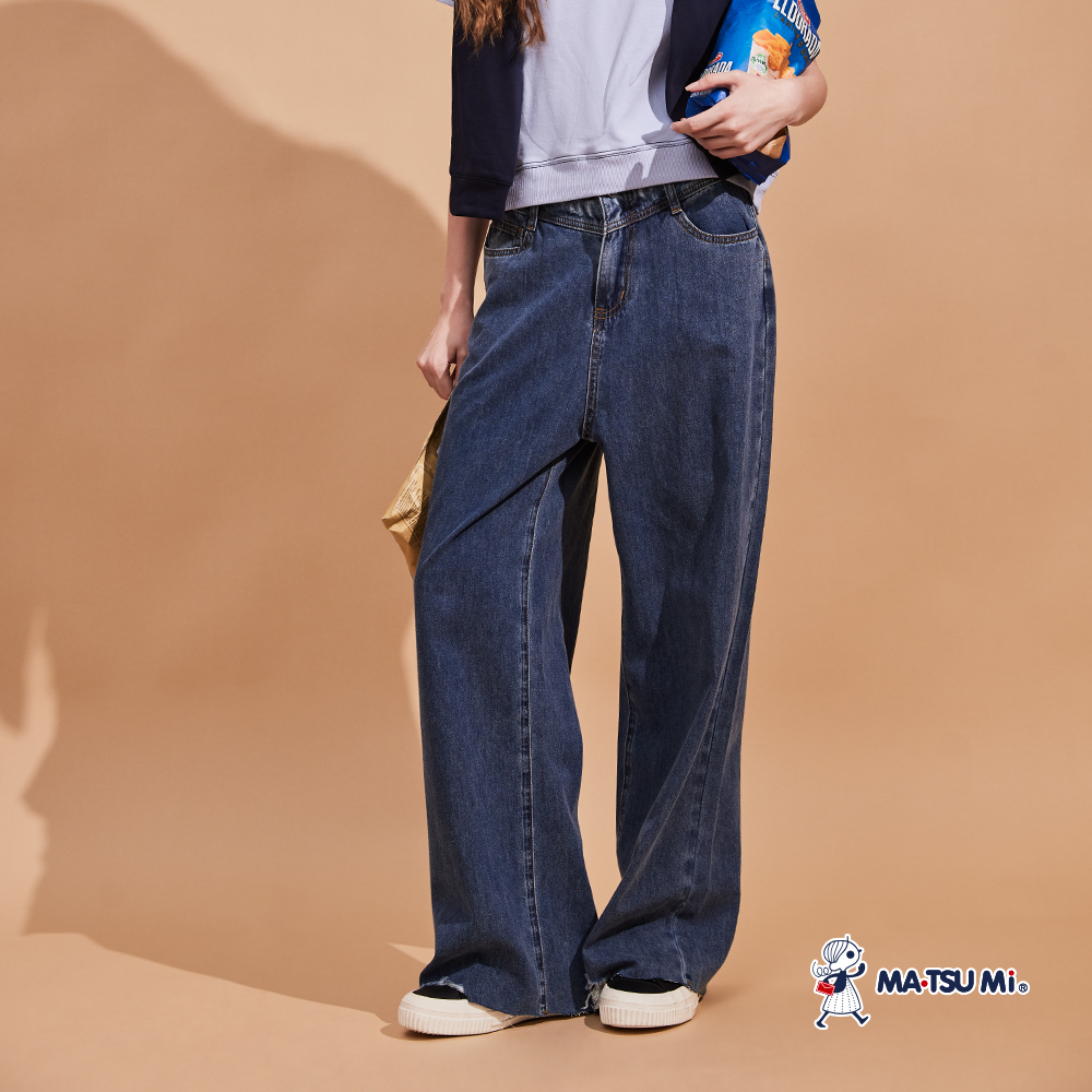 MA‧TSU Mi 破壞刷舊抽鬚設計感英文字純棉丹寧寬褲(深藍)