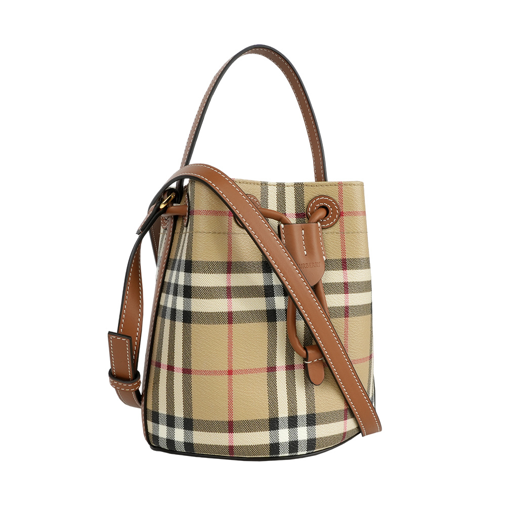 【Burberry】格紋帆布及皮革迷你水桶包(經典米色/石楠木棕)