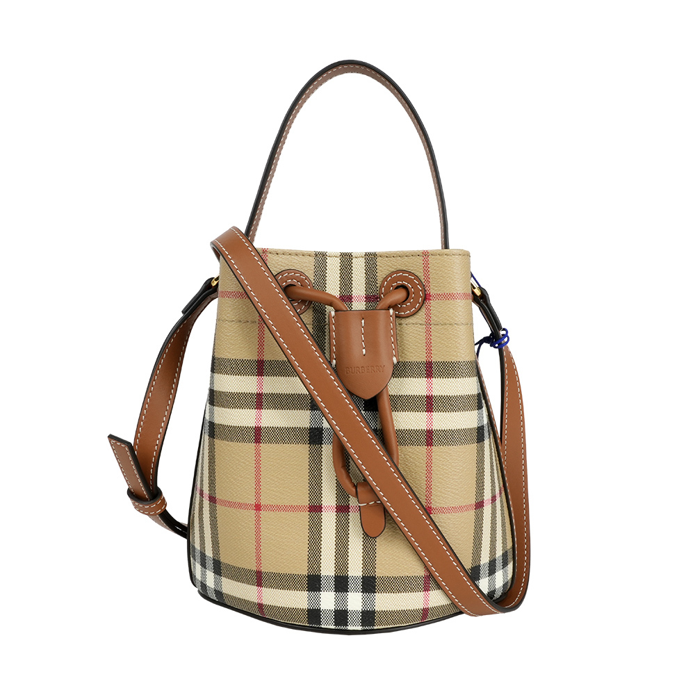 【Burberry】格紋帆布及皮革迷你水桶包(經典米色/石楠木棕)