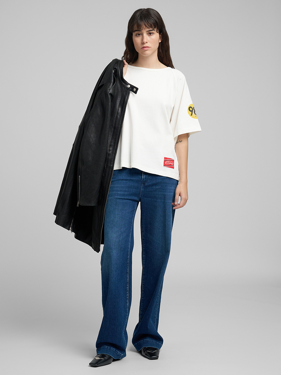 MELJA 深藍色丹寧牛仔直筒寬褲