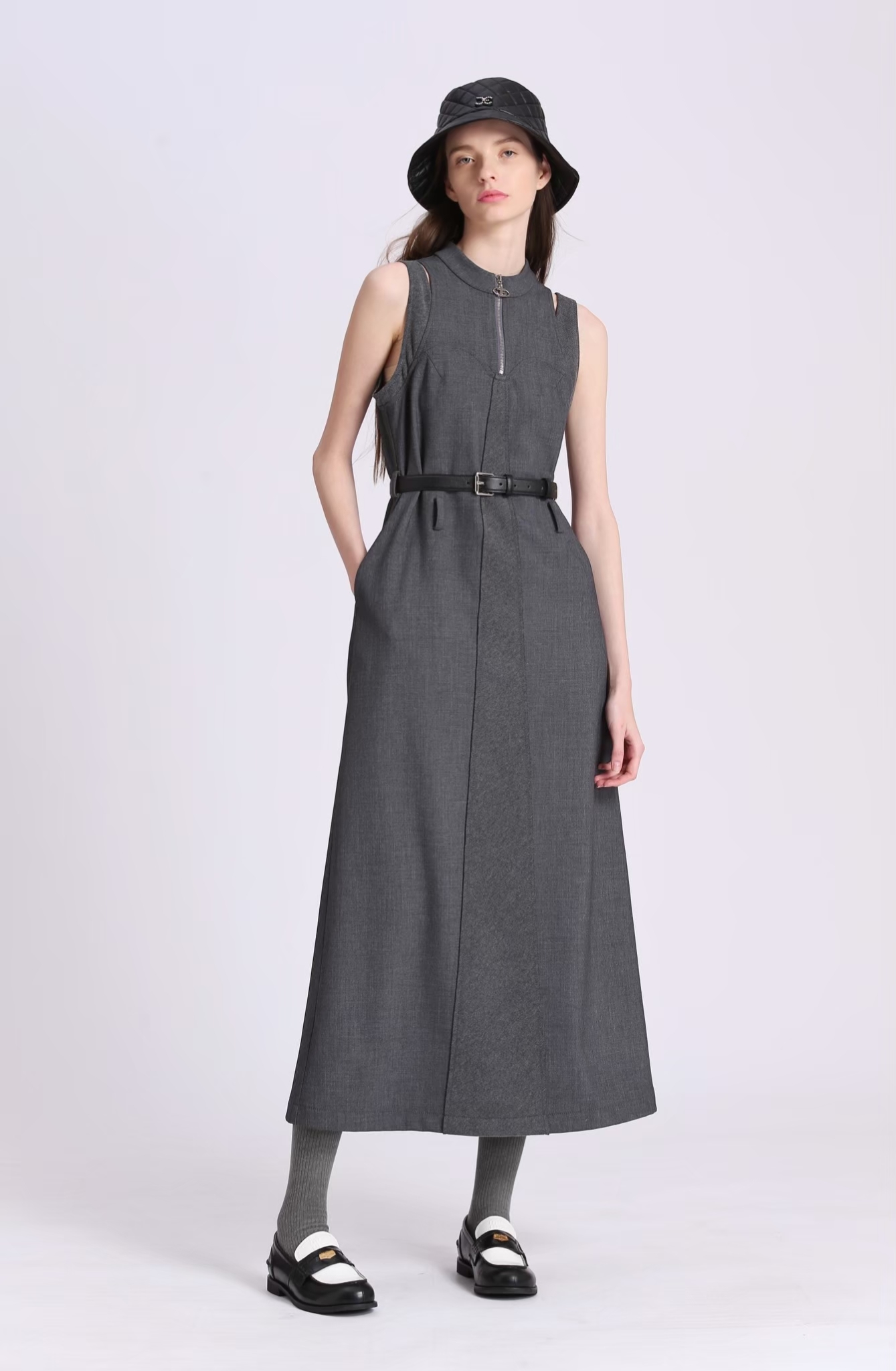 BD15022E1 新優雅混色馬甲高領削肩長洋 (附腰帶)