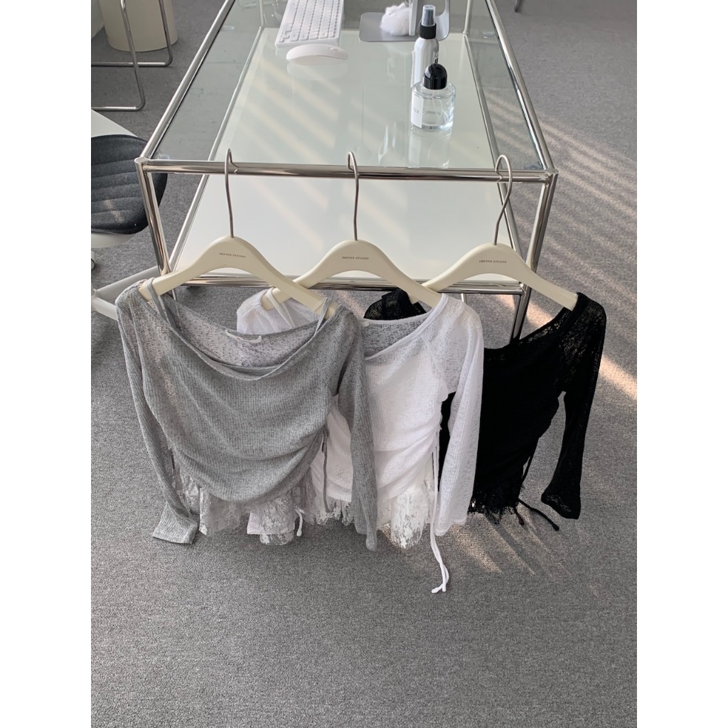 【imfine】霧感透膚斜肩上衣+下擺蕾絲背心套裝 #9759