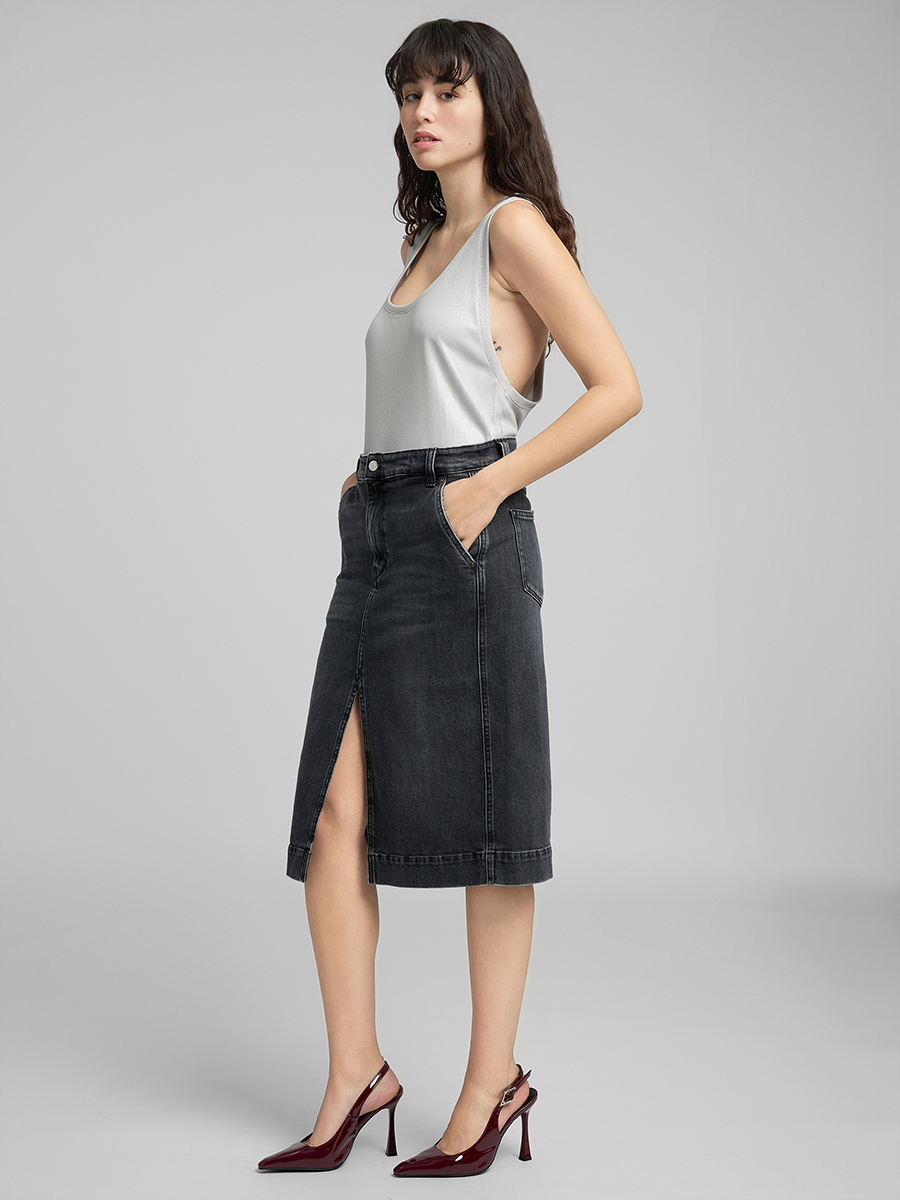 黑色丹寧中長裙