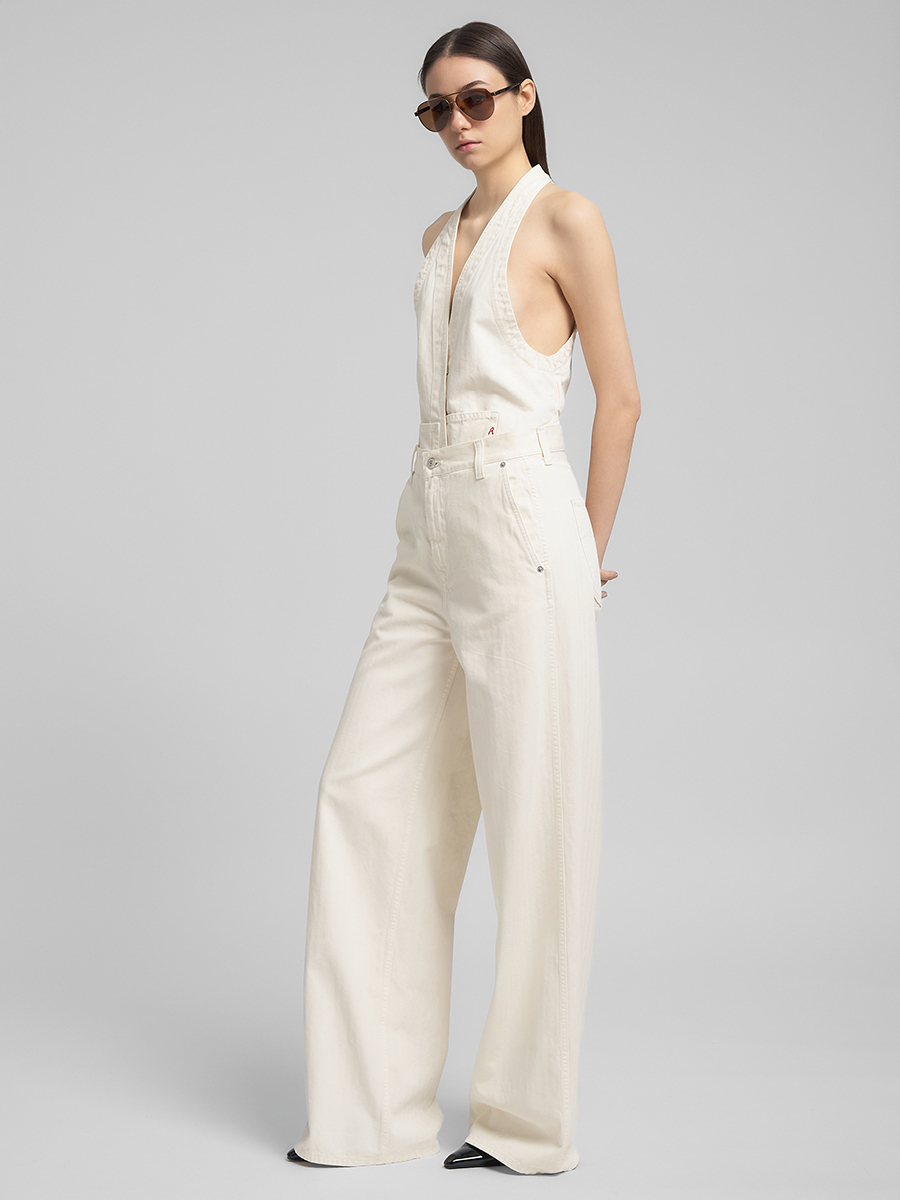 白色純棉低腰寬版長褲