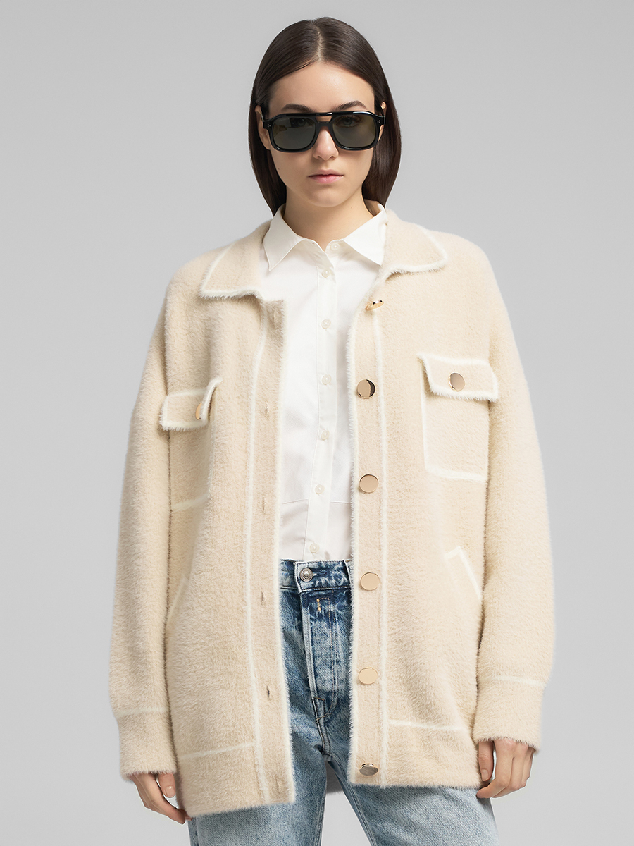 米白色毛絨針織開襟外套