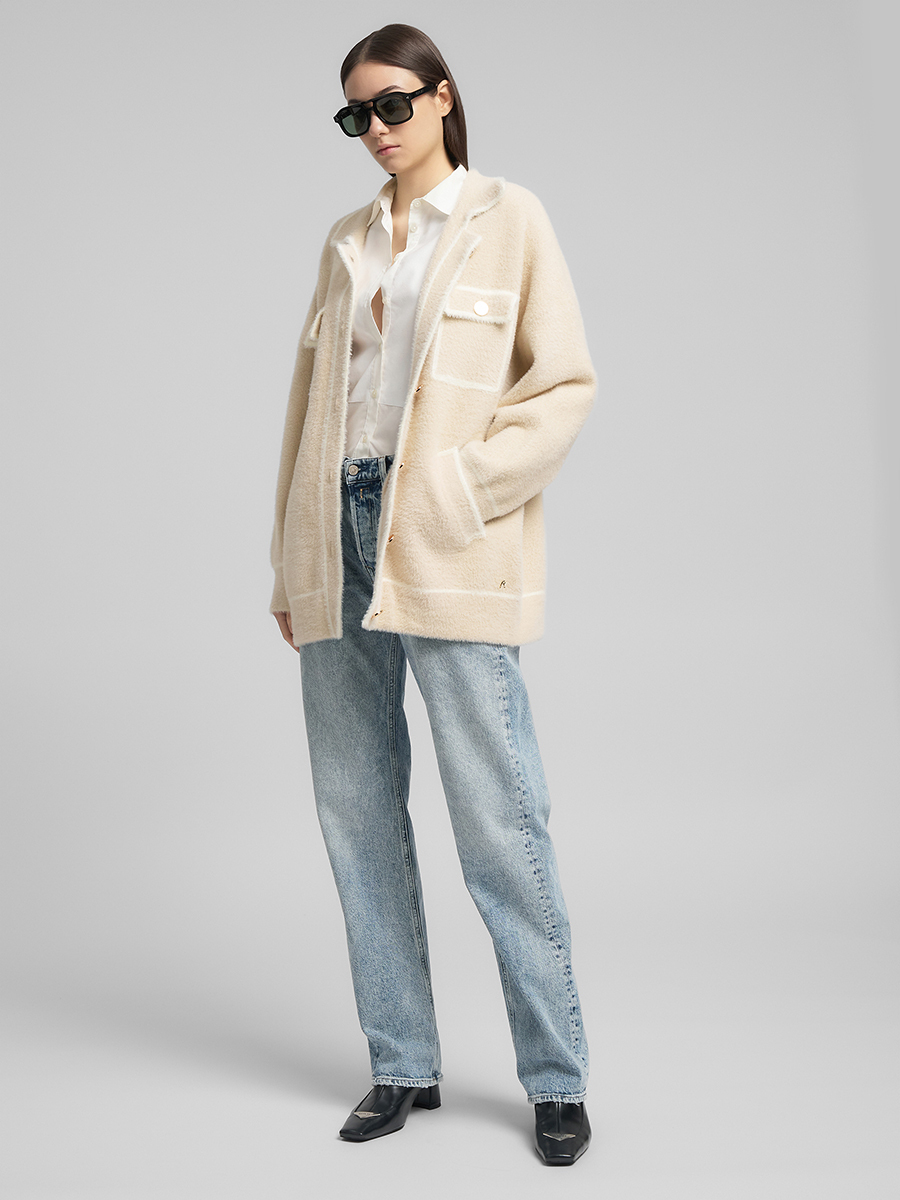 米白色毛絨針織開襟外套