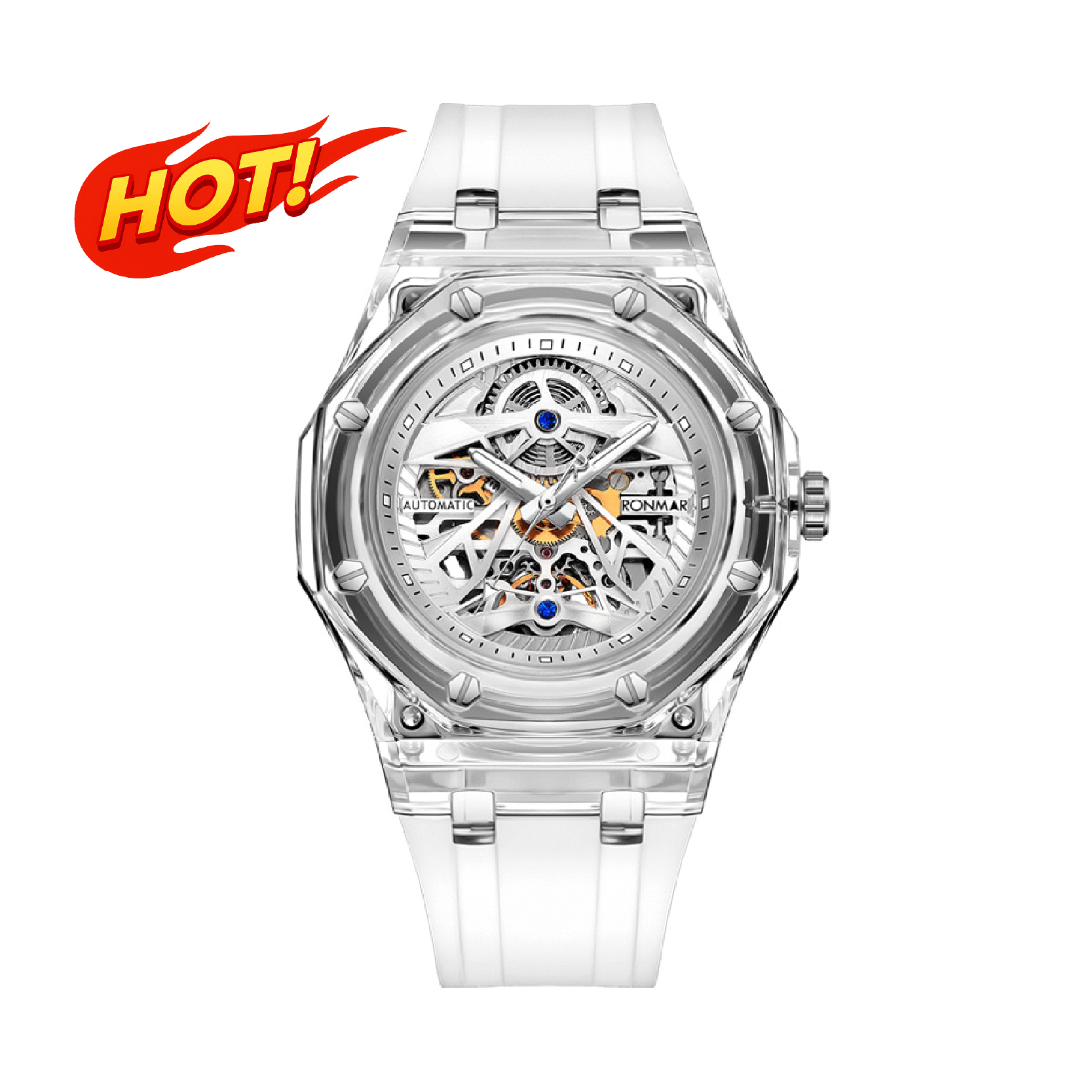 【RONMAR羅馬】冰川系列 RMT1WWW/RMT1WWB 錶盤鑲嵌2顆0.09CT天然藍寶石 高透光PMMA錶殼 雙面鏤空 夜光 機械 手錶